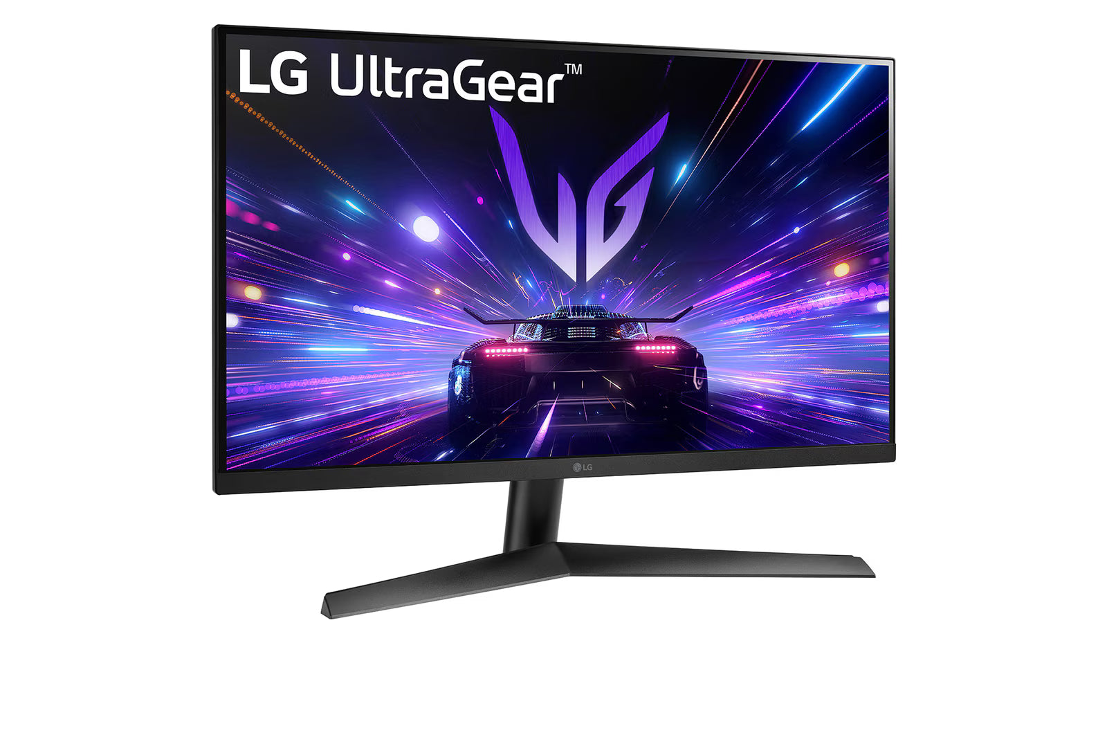 LG 24GS60F Monitor előlnézetben enyhén jobbra fordítva, talpon. A kijelzőn sport autó száguld lg ultragear logó alatt.