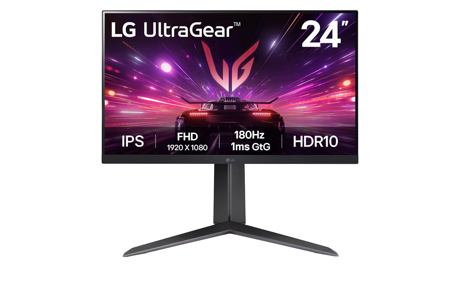 LG 24GS65F Monitor előlnézetben talpon. A kijelzőn sport autó száguld lg ultragear logó alatt.