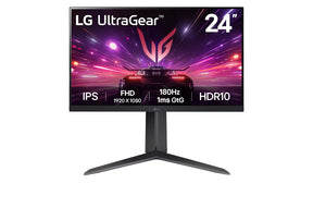 LG 24GS65F Monitor előlnézetben talpon. A kijelzőn sport autó száguld lg ultragear logó alatt.