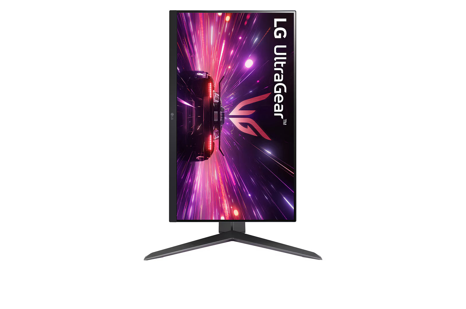 LG 24GS65F Monitor pivot módban elforgatva, talpon. A kijelzőn sport autó száguld lg ultragear logó alatt.