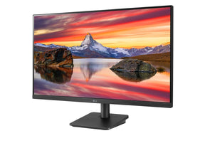 LG 24MP400-B Monitor előlnézetben enyhén balra fordítva, talpon. A kijelzőn északi naplementés tájkép.