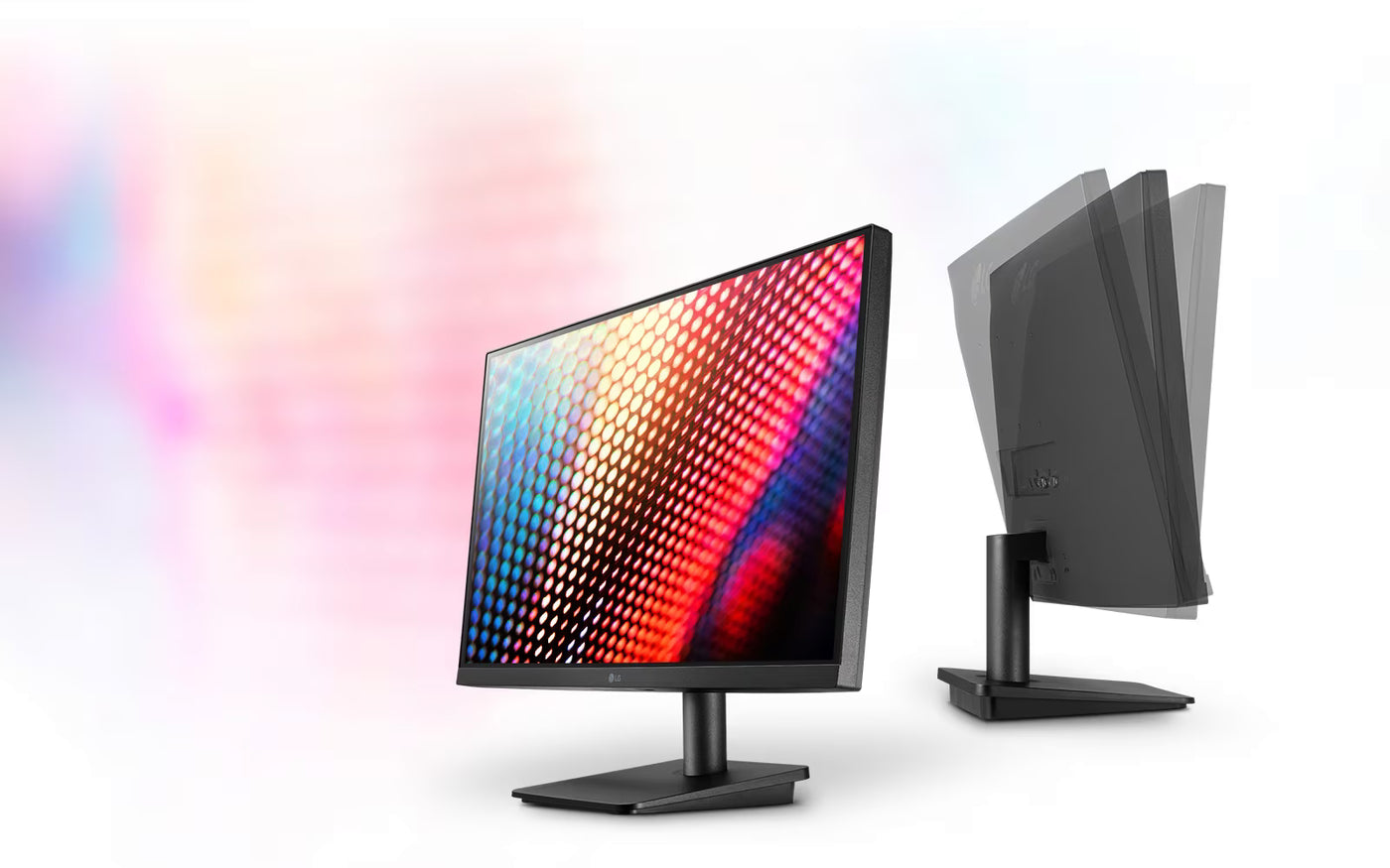 LG 24MP400-B Monitor formatervezése és mozgástartománya minden irányból bemutatva.