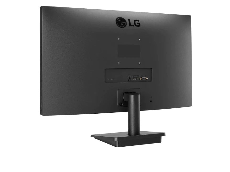 LG 24MP400P-B Monitor hátulnézetben enyhén balra fordítva, talpon.