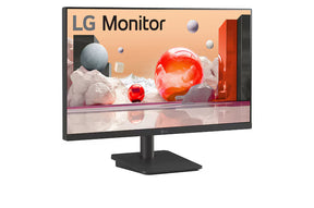 LG 24MS500-B Monitor előlnézetben talpon, enyhén jobbra fordítva. A képernyőn színes márvány szerű alakzatok.