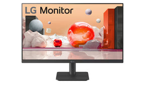 LG 24MS500-B Monitor előlnézetben, talpon. A képernyőn színes márvány szerű alakzatok.