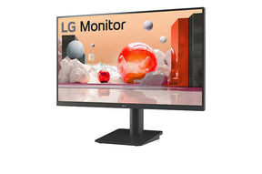 LG 24MS550-B Monitor előlnézetben, enyhén balra fordítva, talpon. A képernyőn színes márvány szerű alakzatok.