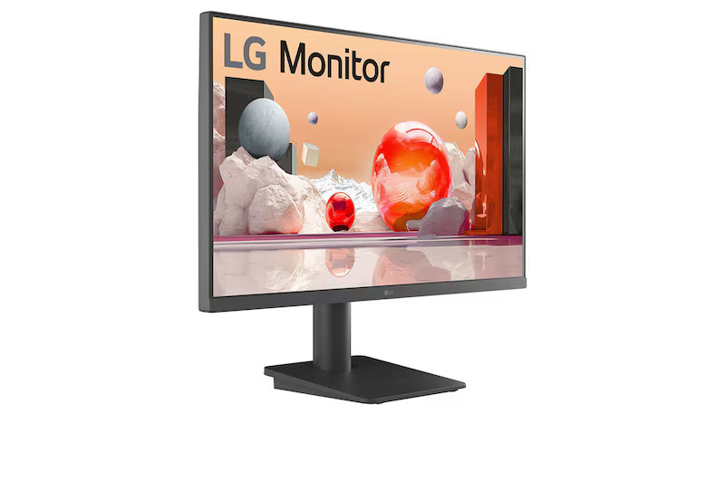 LG 24MS550-B Monitor előlnézetben, jobbra fordítva, talpon. A képernyőn színes márvány szerű alakzatok.