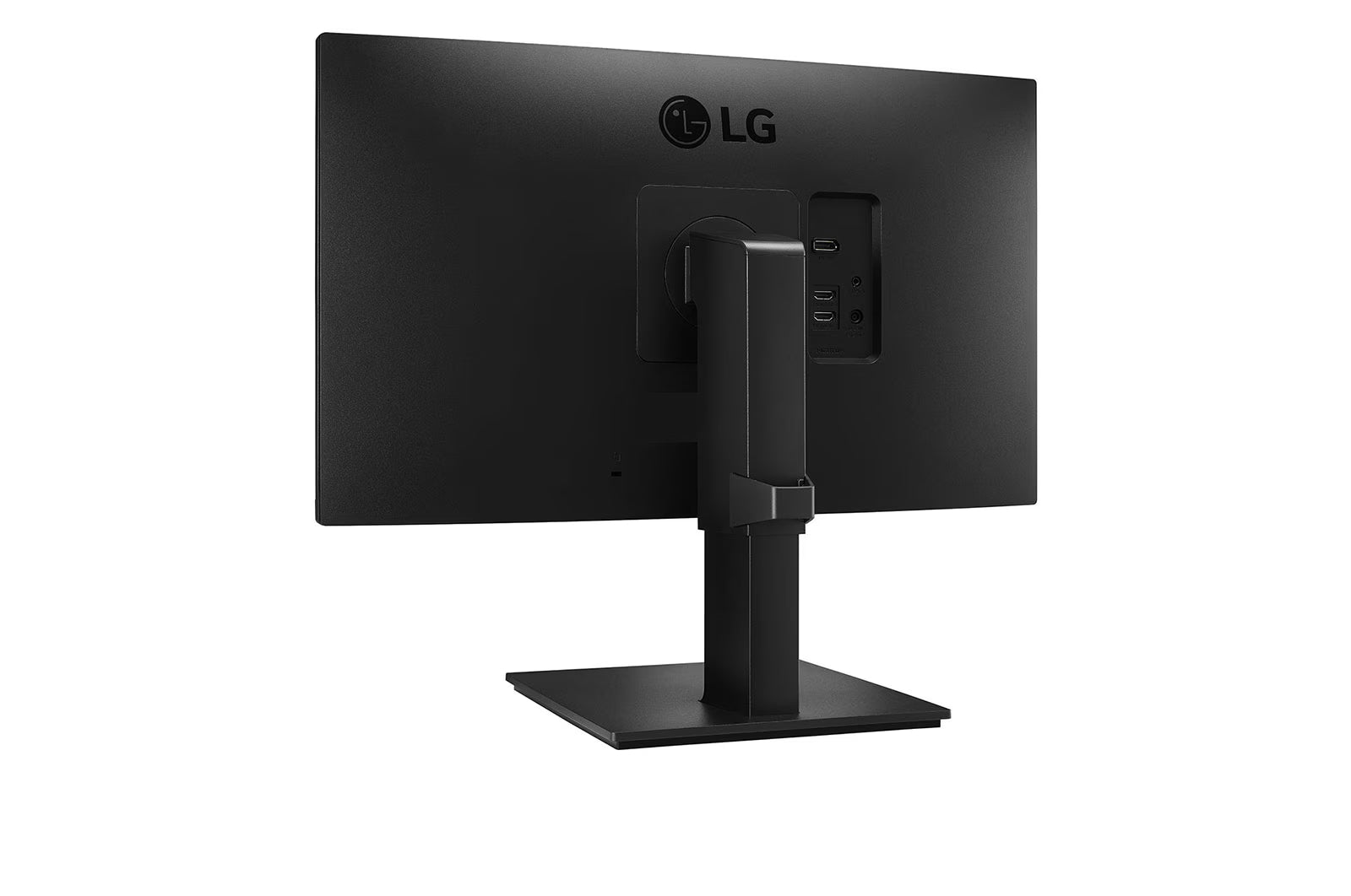 LG 24QP550-B Monitor hátulnézetben enyhén balra fordítva, talpon.