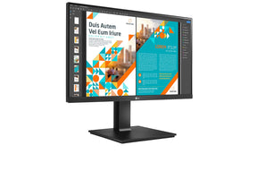LG 24QP550-B Monitor előlnézetben jobbra fordítva talpon. A kijelzőn pdf dokumentum üzleti banner terv.