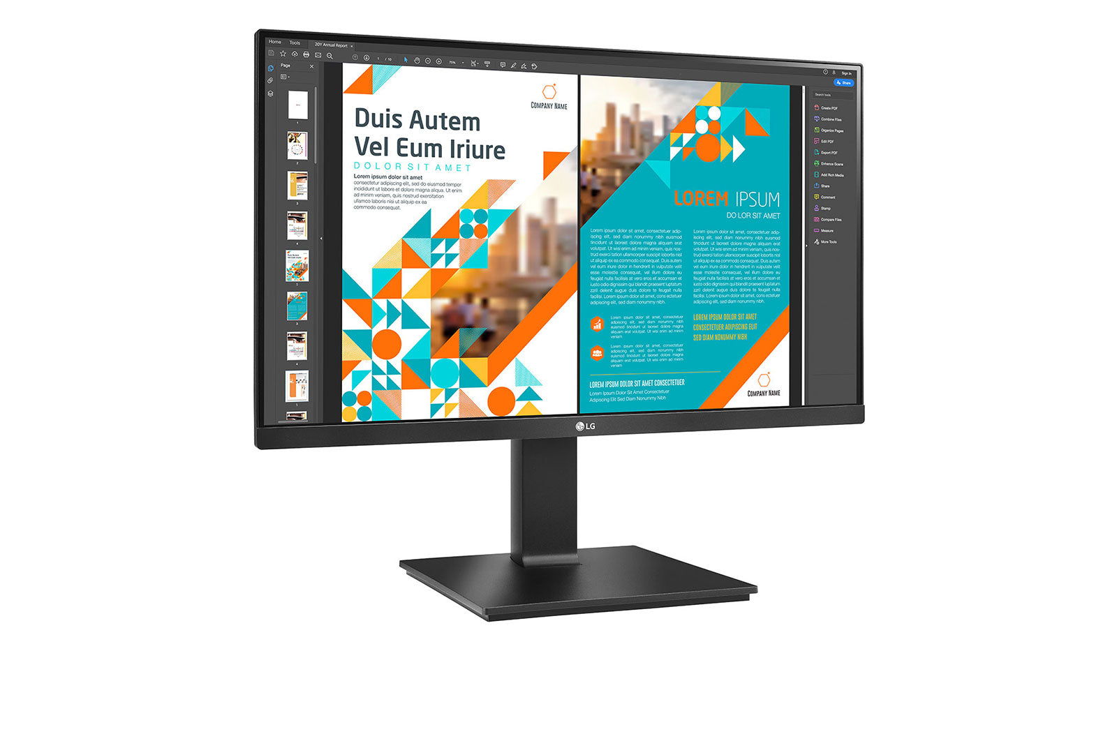 LG 24QP550-B Monitor előlnézetben enyhén jobbra fordítva, talpon. A kijelzőn pdf dokumentum üzleti banner terv.