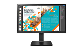 LG 24QP550-B Monitor előlnézetben enyhén talpon. A kijelzőn pdf dokumentum üzleti banner terv.