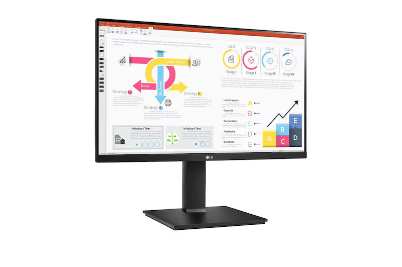 LG 24QP750 Monitor előlnézetben talpon, enyhén jobbra fordítva. A kijelzőn powerpoint prezentációs diagramok.