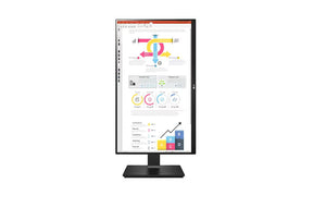 LG 24QP750 Monitor előlnézetben talpon, pivot módban elforgatva. A kijelzőn powerpoint prezentációs diagramok.
