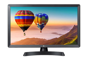 LG 24TN510S-PZ Smart TV Monitor előlnézetben, talpon. A képernyőn léggömbök repülnek hegyi táj felett.