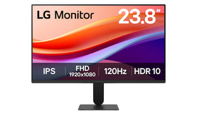LG 24U411A-B Monitor előlnézetben talpon, enyhén balra fordítva. A kijelzőn a főbb paraméterek és kékes narancssárga absztrakt színek.