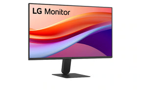 LG U411A-B Monitor előlnézetben talpon, enyhén jobbra fordítva. A kijelzőn kékes narancssárga absztrakt színek.