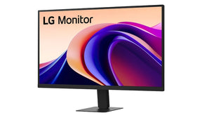 LG 24U631A-B Monitor előlnézetben enyhén balra fordítva, talpon. A kijelzőn lilás narancssárga absztrakt ábra.