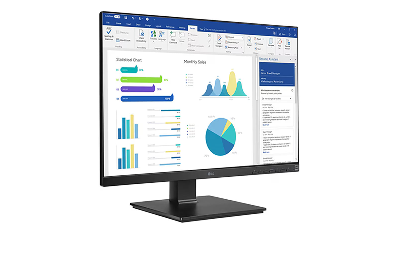 LG 25BL55WY-B Monitor előlnézetben jobbra fordítva, talpon. A kijelzőn üzleti diagram szerkesztés powerpoint.