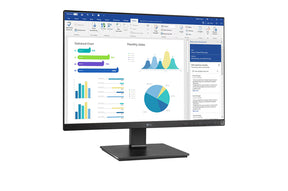 LG 25BL55WY-B Monitor előlnézetben enyhén jobbra fordítva, talpon. A kijelzőn üzleti diagram szerkesztés microsoft powerpoint.