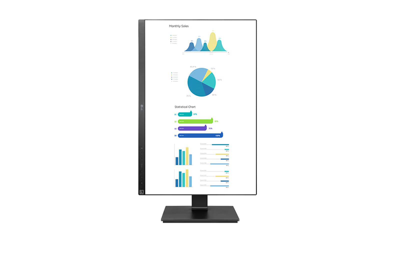 LG 25BL55WY-B Monitor előlnézetben pivot módban elforgatva, talpon. A kijelzőn üzleti diagram szerkesztés microsoft powerpoint.