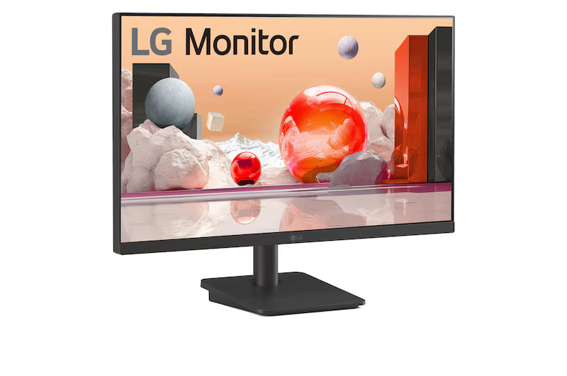 LG 25MS500-B Monitor előlnézetben talpon, enyhén jobbra fordítva. A képernyőn színes márvány szerű alakzatok.