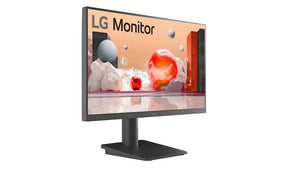 LG 25MS550-B Monitor előlnézetben talpon, enyhén jobbra fordítva. A képernyőn színes márvány szerű alakzatok.
