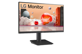 LG 25MS550-B Monitor előlnézetben talpon, enyhén jobbra fordítva. A képernyőn színes márvány szerű alakzatok.