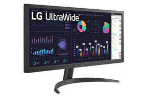 LG 26WQ500-B Monitor előlnézetben jobbra fordítva, talpon. A kijelzőn diagramok, naptár és lg ultrawide logó.