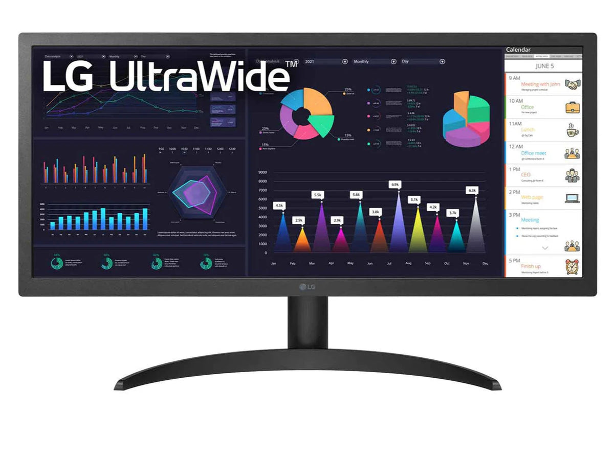 LG 26WQ500-B Monitor előlnézetben, talpon. A kijelzőn diagramok, naptár és lg ultrawide logó.