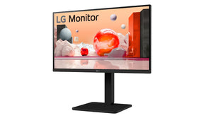 LG 27BA450-B Monitor előlnézetben, enyhén balra fordítva, talpon. A képernyőn színes márvány szerű alakzatok.