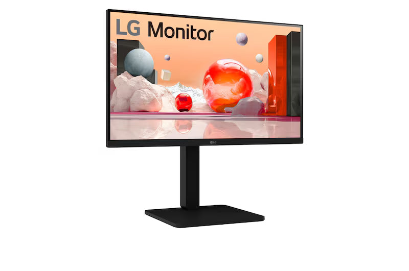 LG 27BA450-B Monitor előlnézetben, enyhén jobbra fordítva, talpon. A képernyőn színes márvány szerű alakzatok.