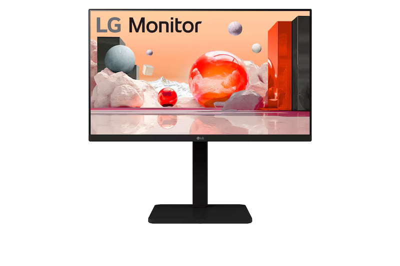 LG 27BA450-B Monitor előlnézetben, talpon. A képernyőn színes márvány szerű alakzatok.