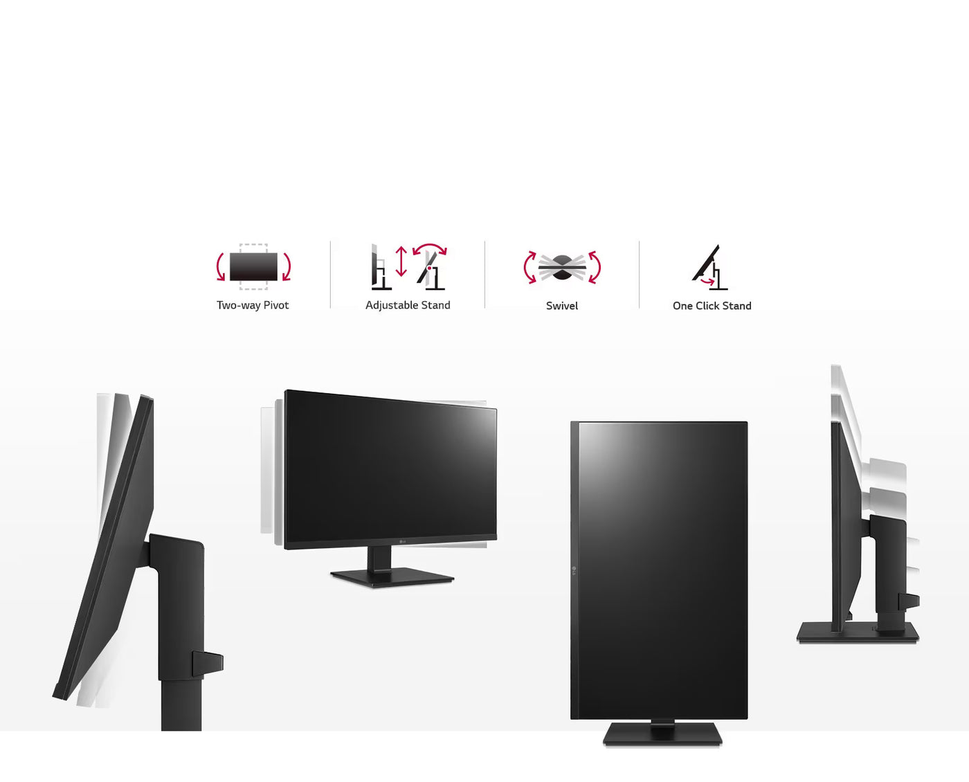 LG 27BL650C-B Monitor formatervezése és mozgástartománya minden irányból bemutatva.