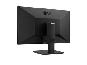 LG 27BL650C-B Monitor hátulnézetben enyhén balra fordítva, talpra szerelve.