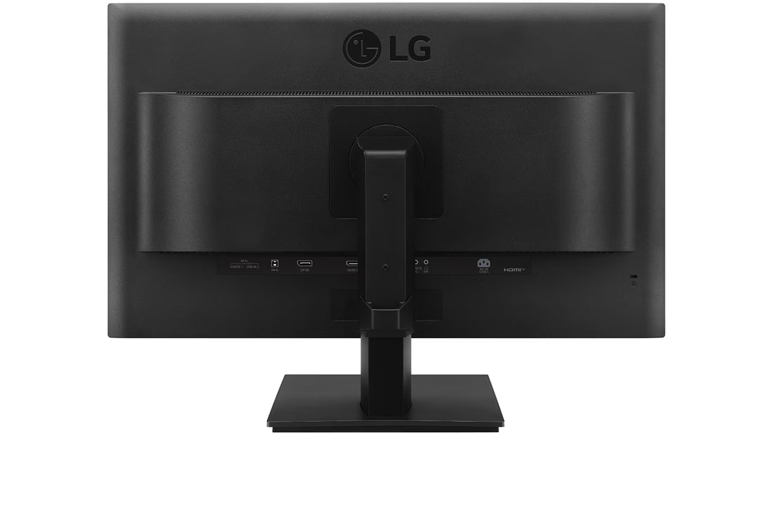 LG 27BN650Y-B Monitor hátulnézetben, talpra szerelve.