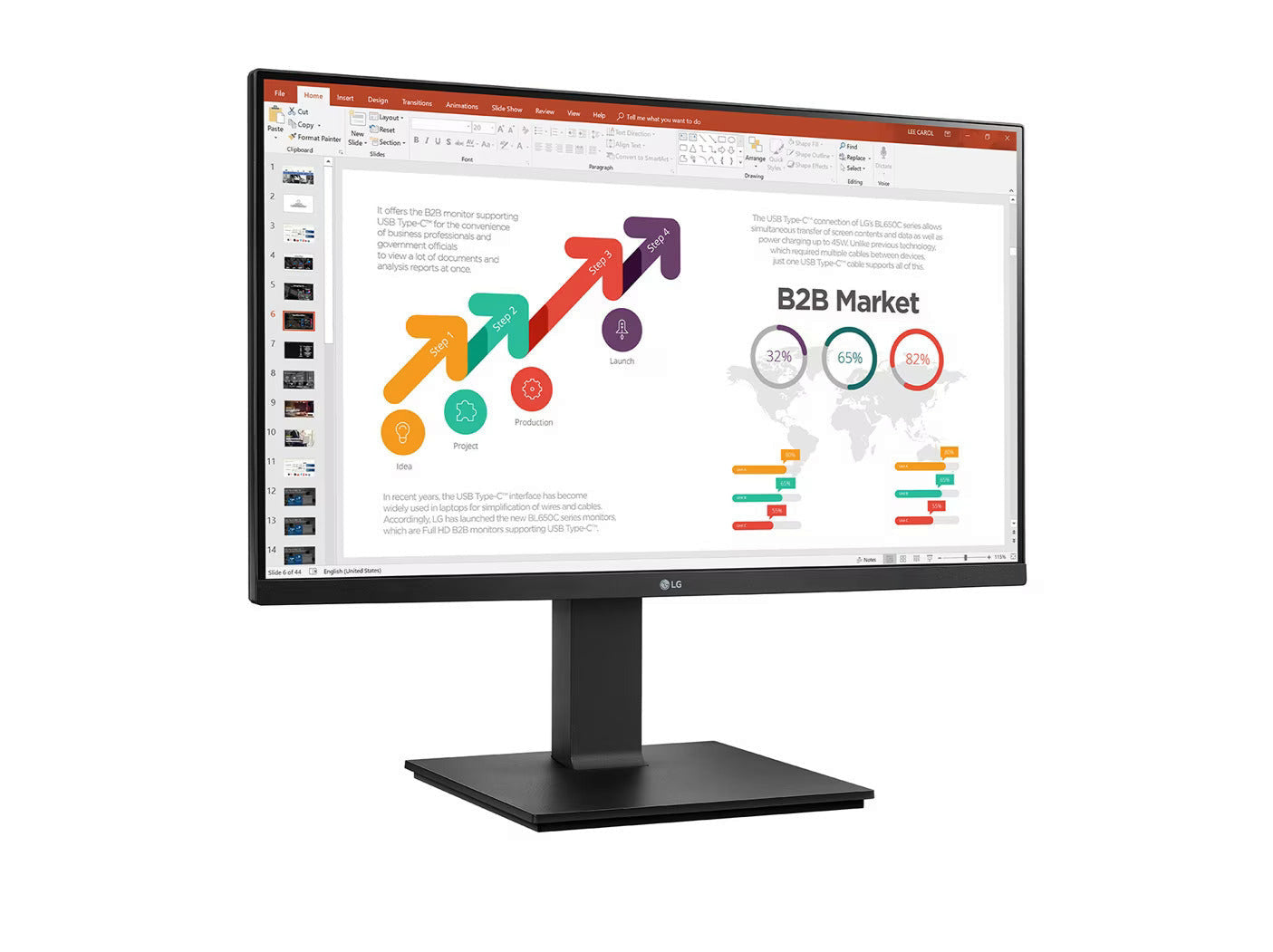 LG 27BP450Y-B Monitor előlnézetben enyhén jobbra fordítva, talpra szerelve. A kijelzőn üzleti diagramok prezentációval.