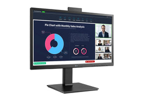 LG 24BP750C-B Monitor előlnézetben enyhén jobbra fordítva, talpra szerelve, webkamera aktiválva. A kijelzőn üzleti meeting és diagramok.