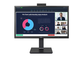 LG 24BP750C-B Monitor előlnézetben, talpra szerelve, webkamera aktiválva. A kijelzőn üzleti meeting és diagramok.