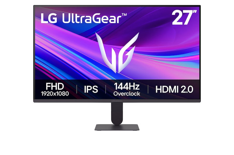 LG 27G411U-B Monitor előlnézetben talpon. A kijelzőn kékes lila absztrakt ábra és a főbb paraméterek.
