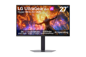 LG 27GM950B Monitor előlnézetben talpon. A kijelzőn souls game pillanakép és a főbb paraméterek.