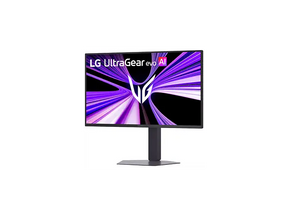 LG 27GM950B Monitor előlnézetben talpon, enyhén balra fordítva. A kijelzőn lilás absztrakt ábra ls lg ultragear evo ai logó.