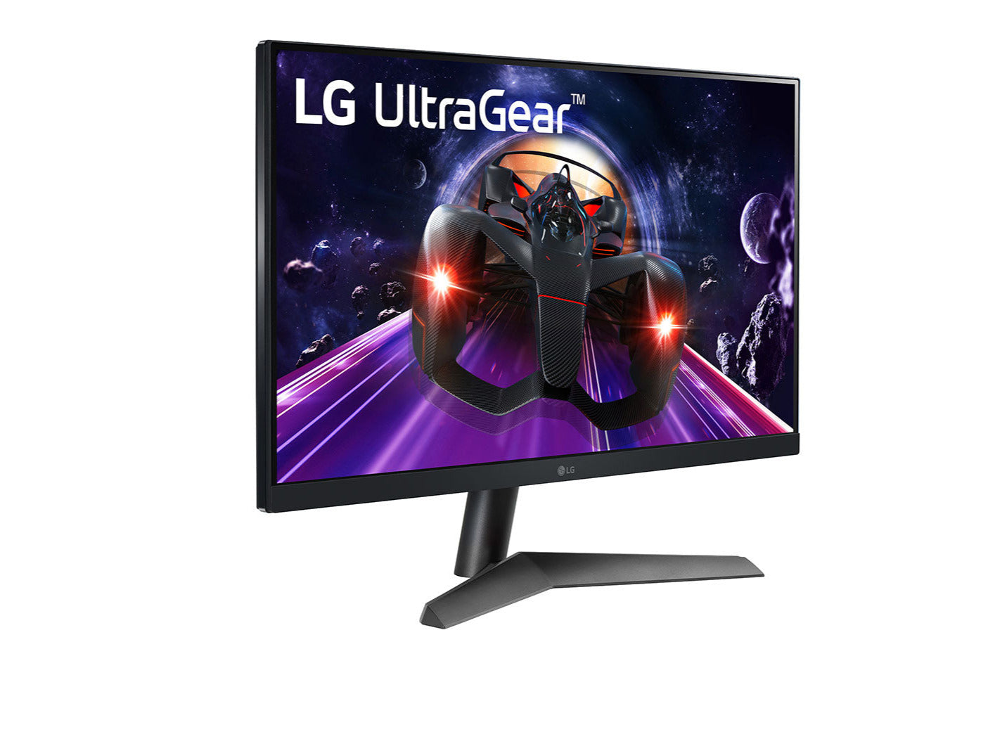 LG 27" UltraGear FHD 144Hz 1ms IPS Gamer Monitor jobbra elfordítva, versenyautó az űrben, ultragear logó a kijelzőn, 27GN60R-B