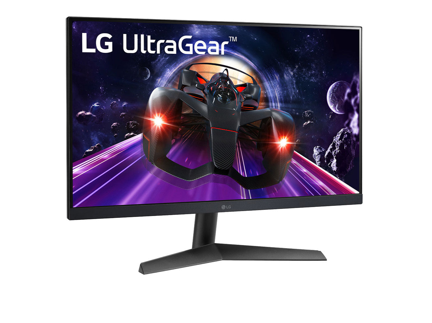 LG 27" UltraGear FHD 144Hz 1ms IPS Gamer Monitor enyhén elfordítva, versenyautó az űrben, ultragear logó a kijelzőn, 27GN60R-B