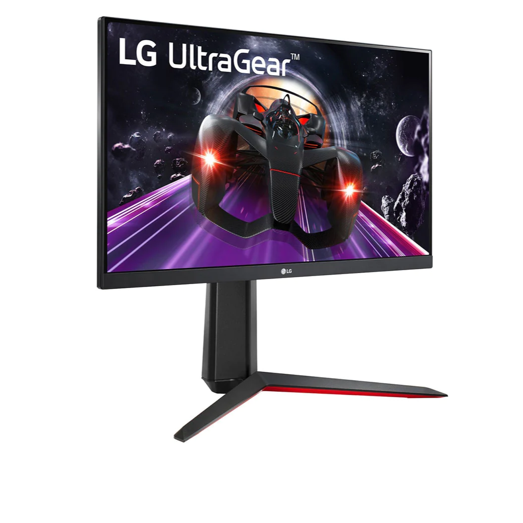 LG 27" UltraGear FHD 144Hz 1ms IPS Gamer Monitor előlnézet jobbra fordítva, 27GN65R-B