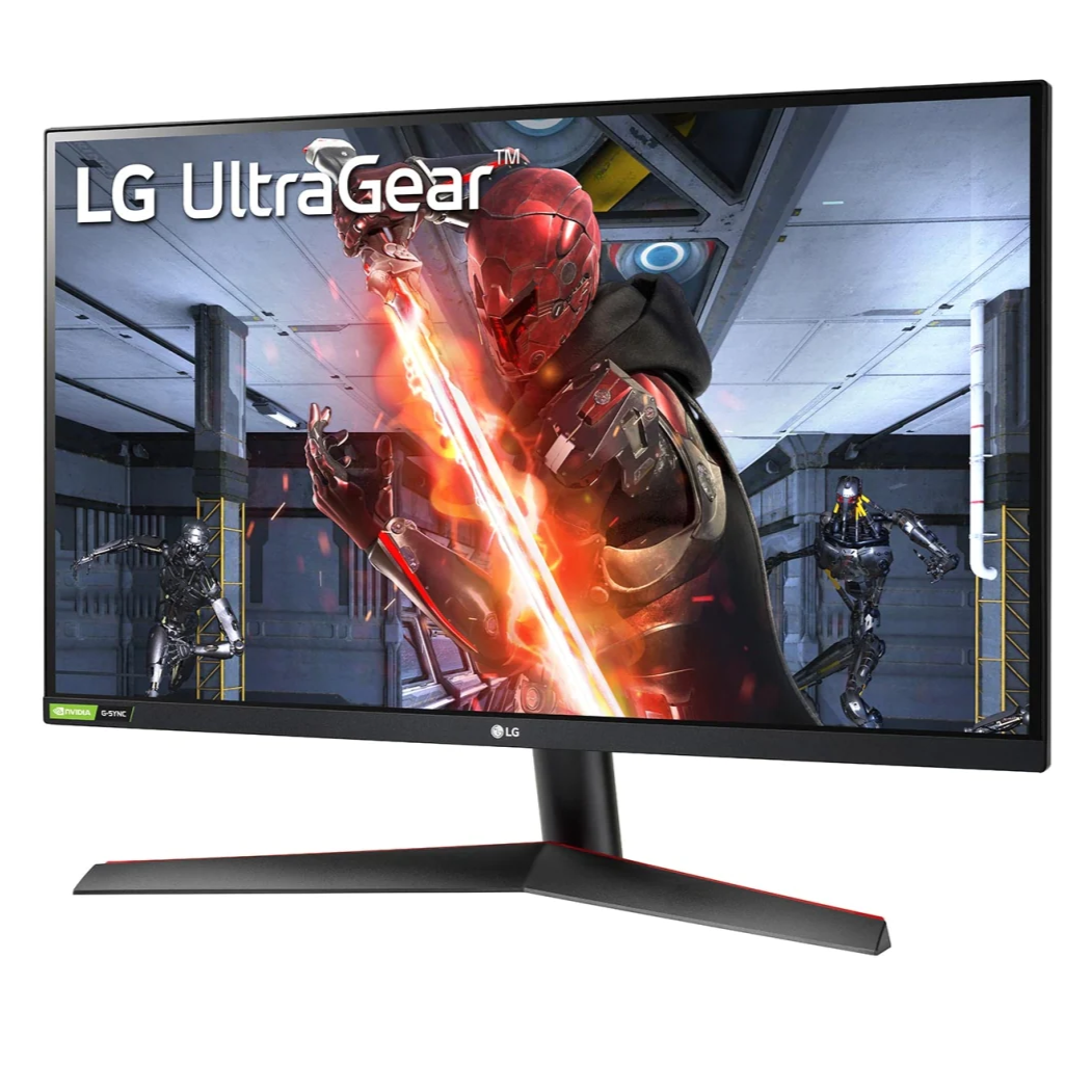 LG 27GN800P-B Monitor előlnézetben, talpon. A kijelzőn robotok harcolnak a főhős ellen és lg ultragear logó.