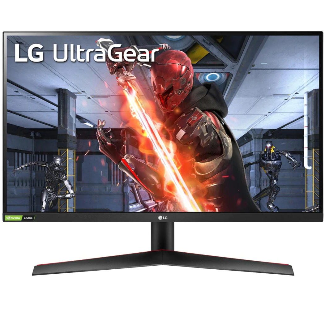 LG 27GN800P-B Monitor előlnézetben, talpon. A kijelzőn robotok harcolnak a főhős ellen és lg ultragear logó.