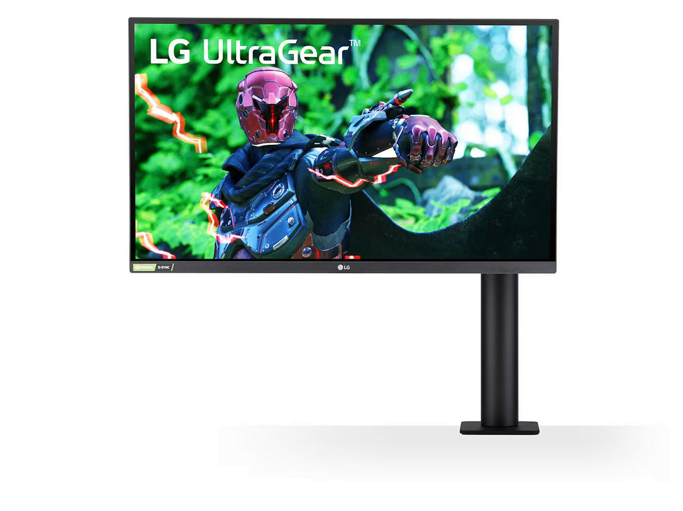 LG 27GN880 Monitor előlnézetben, ergo karra szerelve. A kijelzőn dzsungelben harcoló robot és lg ultragear logó.