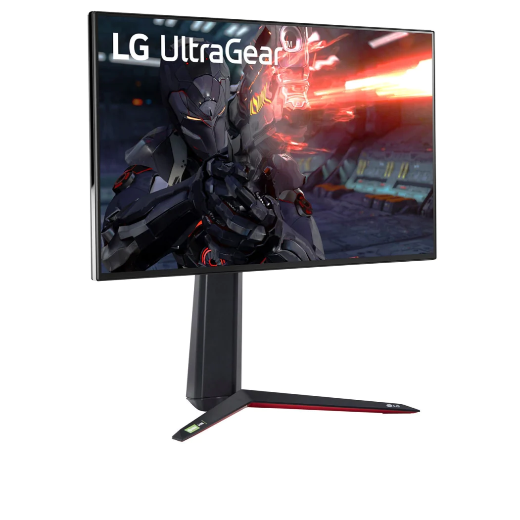 LG 27" UltraGear 4K UHD 160Hz 1ms Nano IPS Gamer Monitor előlnézetben enyhén jobbra fordítva, 27GN95R-B