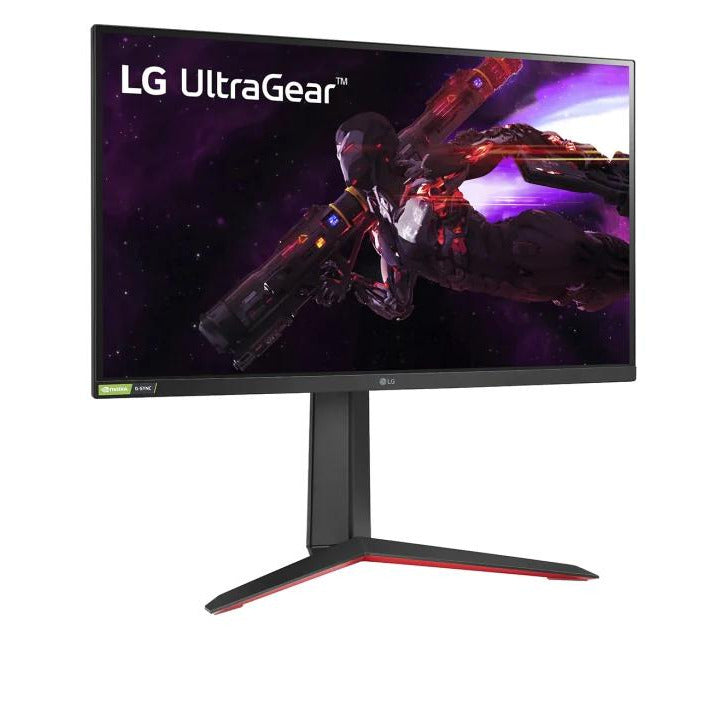 LG 27GP83B-B 2K Gamer Monitor előlnézetben enyhén jobbra fordítva, talpon. A kijelzőn LG UltraGear logo és egy robot az űrben.