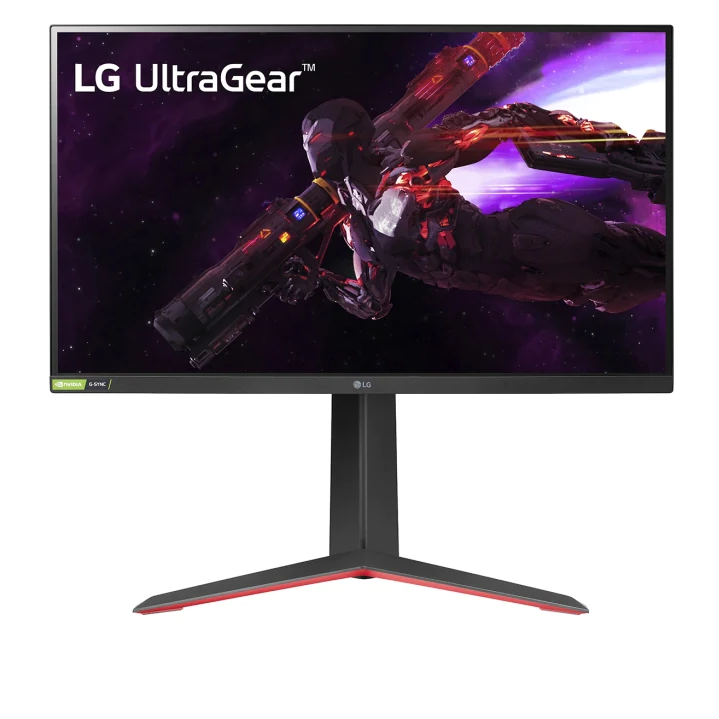 LG 27GP850P Gaming Monitor előlnézetben, talpon. A kijelzőn a főhős robot repül az űrben és lg ultragear logó.